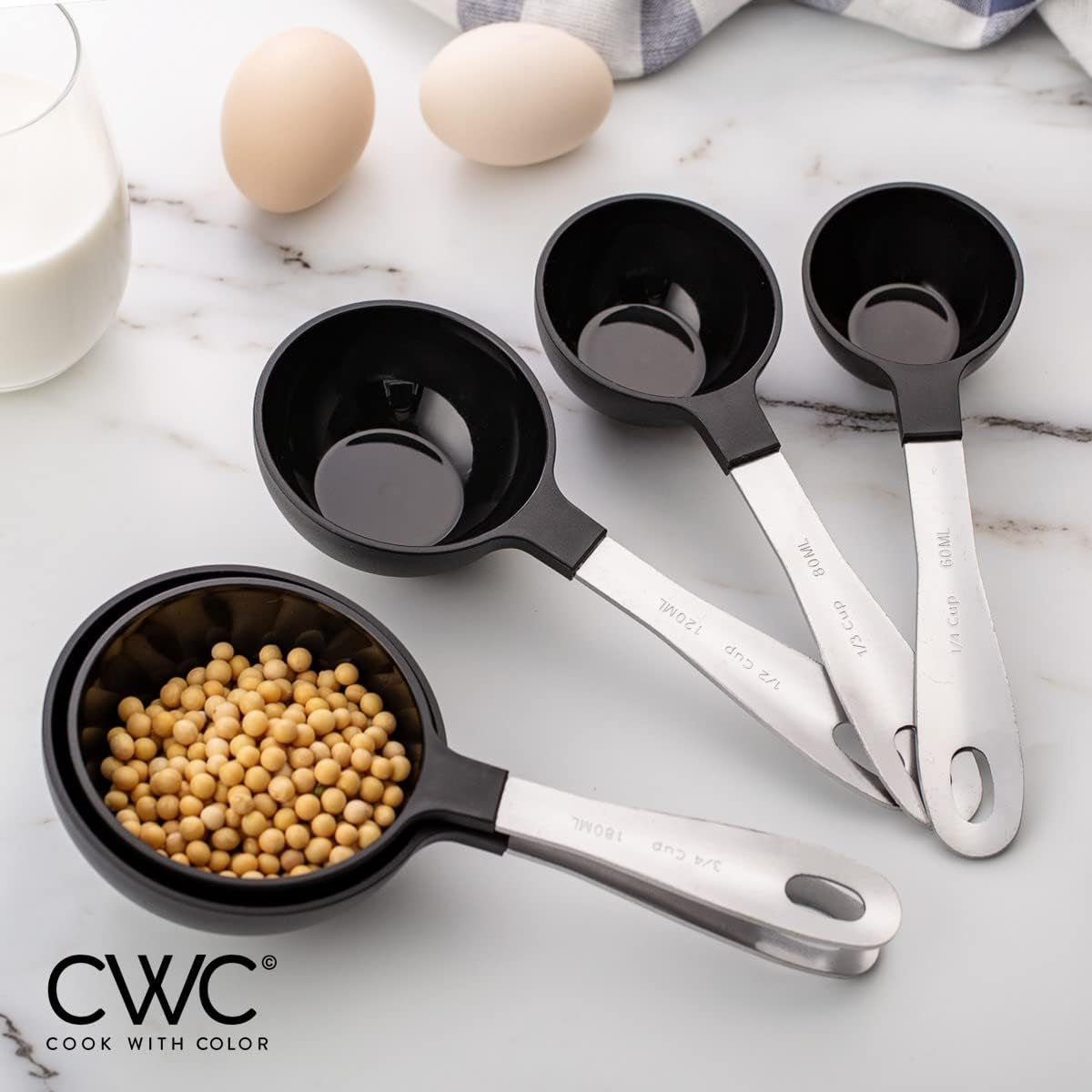 Measuring Cups Set and Measuring Spoon Set, Stainless Steel Handles, Nesting Kitchen Measuring Set, Liquid Measuring Cup Set, 12 PC Stainless Steel, Black