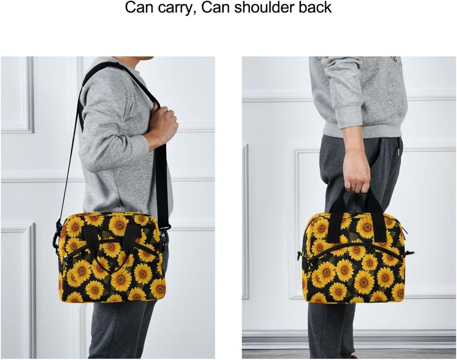 Hipster Golden Sunflower Lunch Bag for Women Yellow Flower Floral Black Lunch Tote Bag Lunch Box Water-Resistant Thermal Cooler Bag Lunch Organizer for Working Picnic Beach Sporting