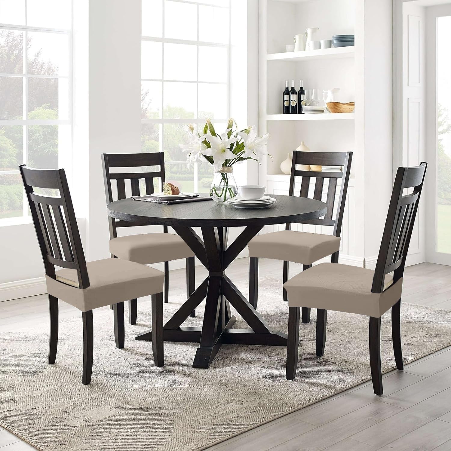 Stretch Jacquard Seat Covers for Dining Room Chairs Set of 4, Removable Washable Chair Seat Protector Slipcovers, No Rear Covers, Taupe