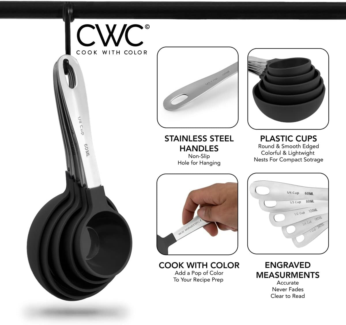 Measuring Cups Set and Measuring Spoon Set, Stainless Steel Handles, Nesting Kitchen Measuring Set, Liquid Measuring Cup Set, 12 PC Stainless Steel, Black