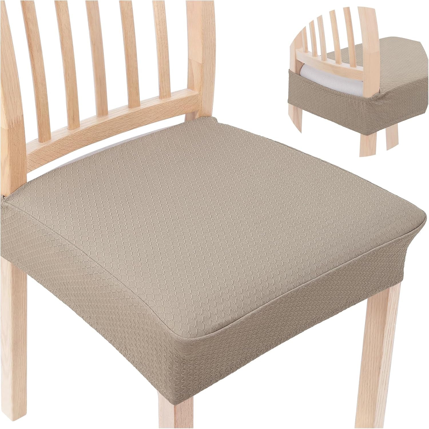 Stretch Jacquard Seat Covers for Dining Room Chairs Set of 4, Removable Washable Chair Seat Protector Slipcovers, No Rear Covers, Taupe
