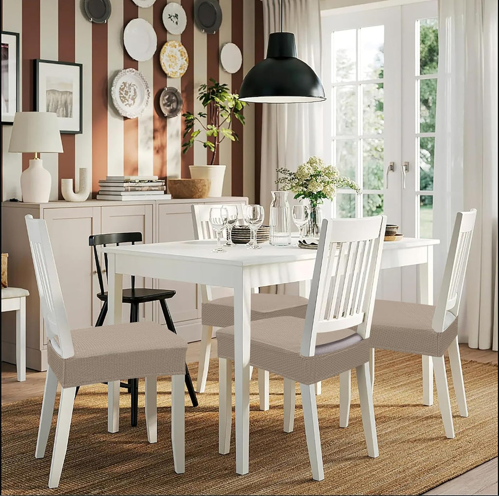 Stretch Jacquard Seat Covers for Dining Room Chairs Set of 4, Removable Washable Chair Seat Protector Slipcovers, No Rear Covers, Taupe