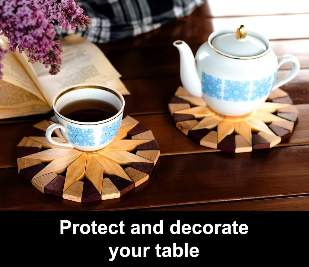 Natural Wood Trivets for Hot Dishes, Table and Kitchen Counter Set of 2 – Made in Ukraine Sturdy and Durable 7-Inch Wooden Kitchen Hot Pads. Festive Design Table Décor – Kitchen Gift Idea