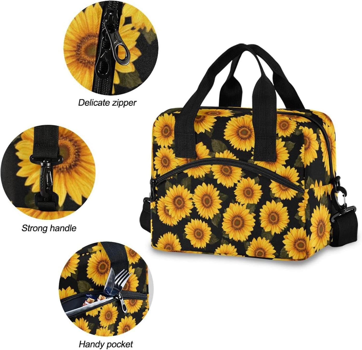 Hipster Golden Sunflower Lunch Bag for Women Yellow Flower Floral Black Lunch Tote Bag Lunch Box Water-Resistant Thermal Cooler Bag Lunch Organizer for Working Picnic Beach Sporting