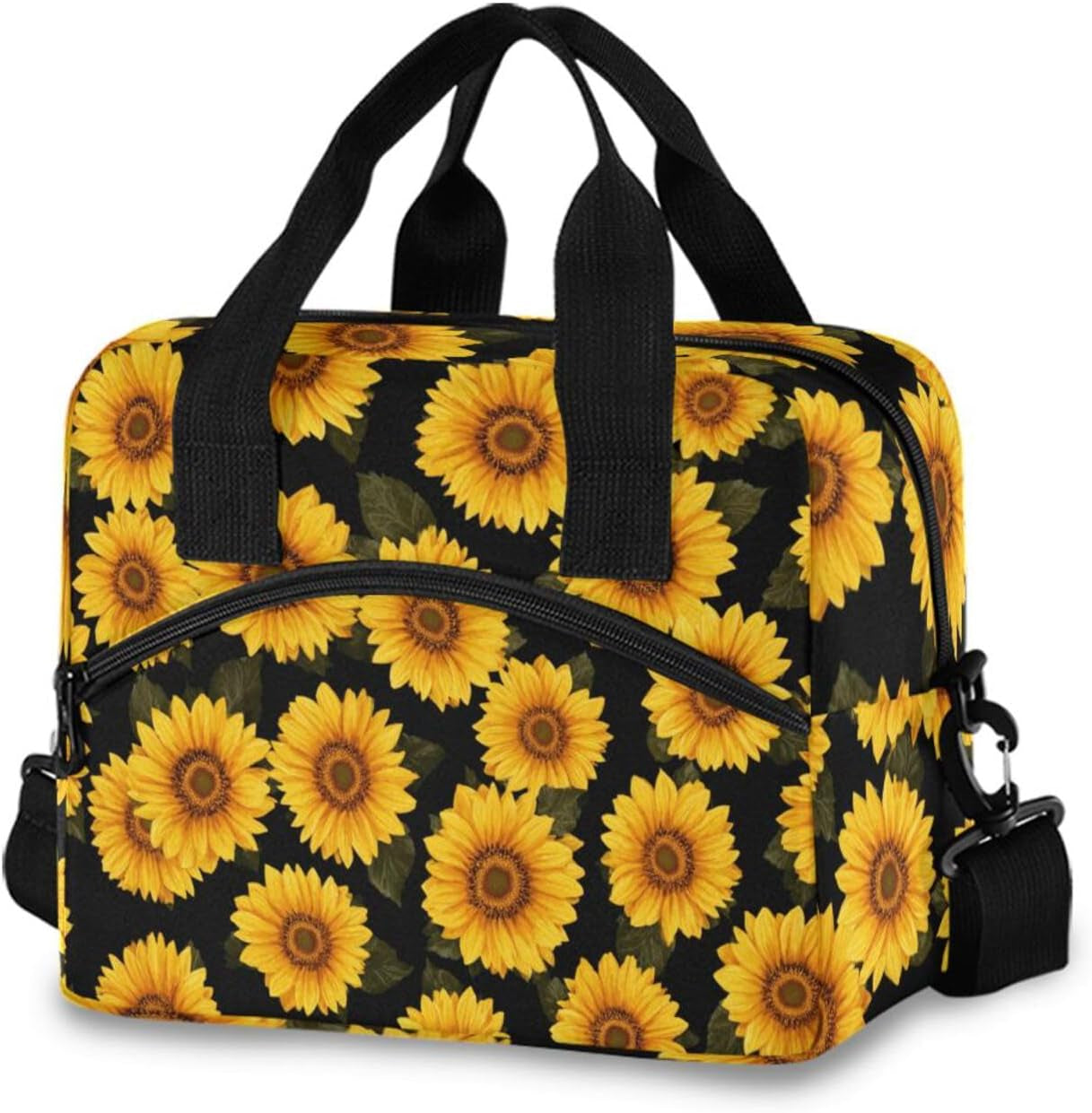 Hipster Golden Sunflower Lunch Bag for Women Yellow Flower Floral Black Lunch Tote Bag Lunch Box Water-Resistant Thermal Cooler Bag Lunch Organizer for Working Picnic Beach Sporting