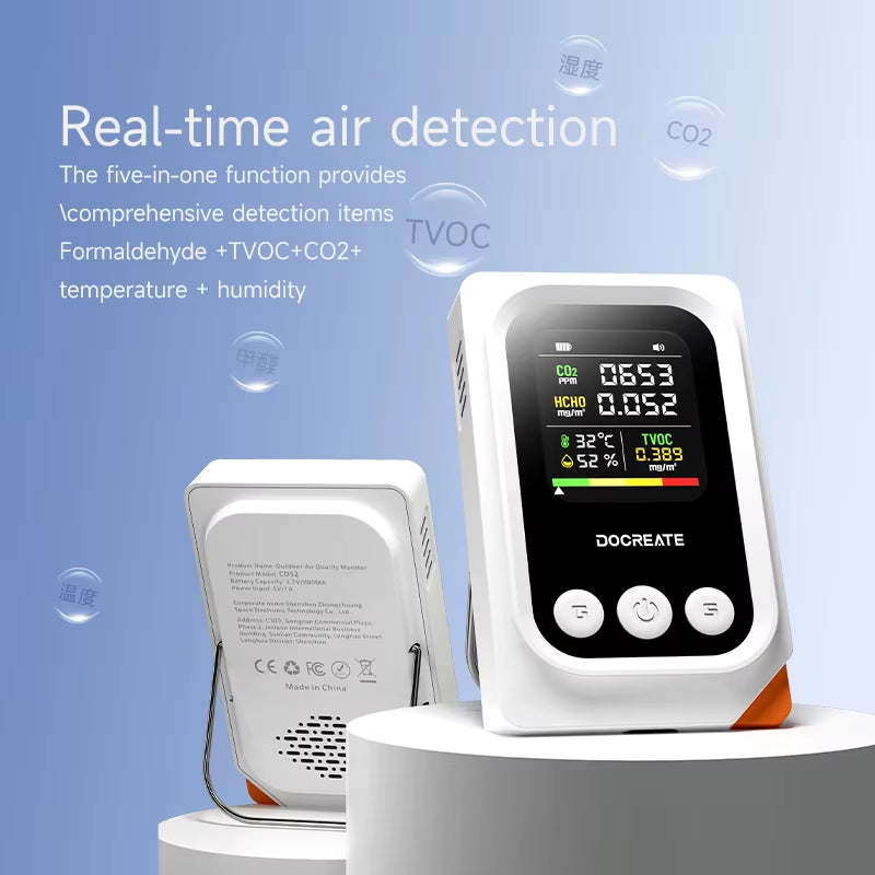Portable Air Quality Monitor 5-In-1 CO2 HCHO TVOC Detector with Temperature Humidity Display USB Rechargeable 1000Mah