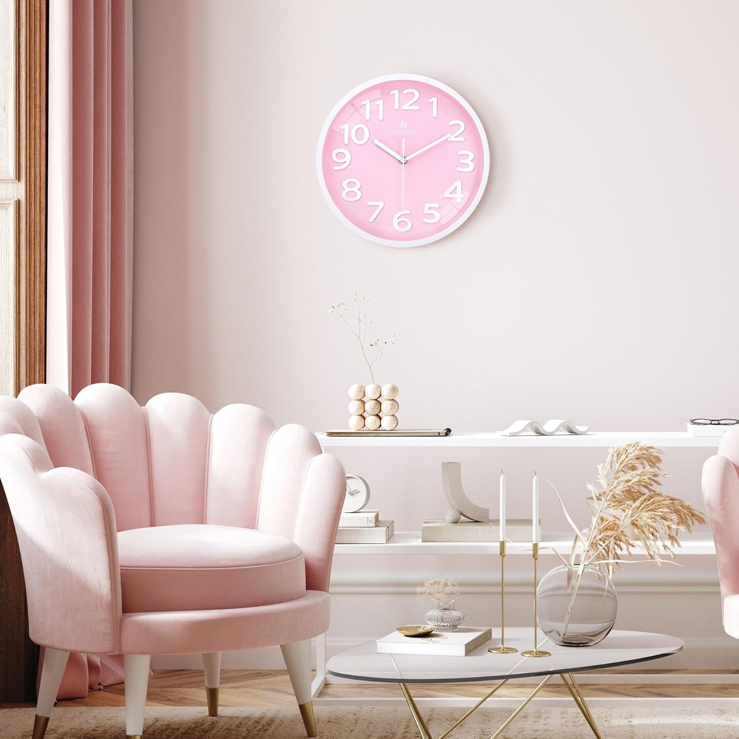 12 Inch Silent 3D Numbers Pink Wall Clock for Living Room Decor, Battery Operated Pink Clocks for Girls Room Bedroom Kitchen