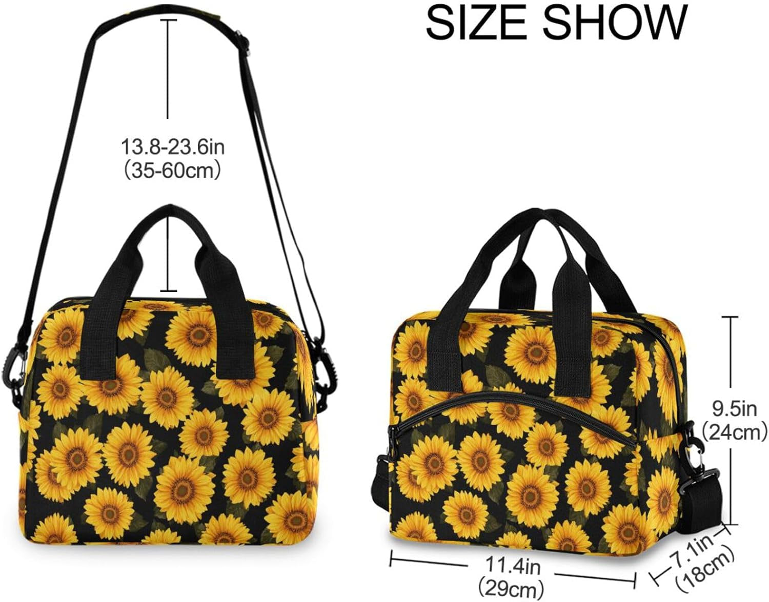 Hipster Golden Sunflower Lunch Bag for Women Yellow Flower Floral Black Lunch Tote Bag Lunch Box Water-Resistant Thermal Cooler Bag Lunch Organizer for Working Picnic Beach Sporting