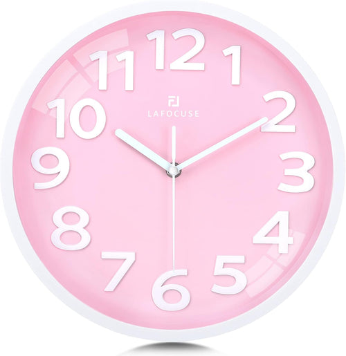 12 Inch Silent 3D Numbers Pink Wall Clock for Living Room Decor, Battery Operated Pink Clocks for Girls Room Bedroom Kitchen