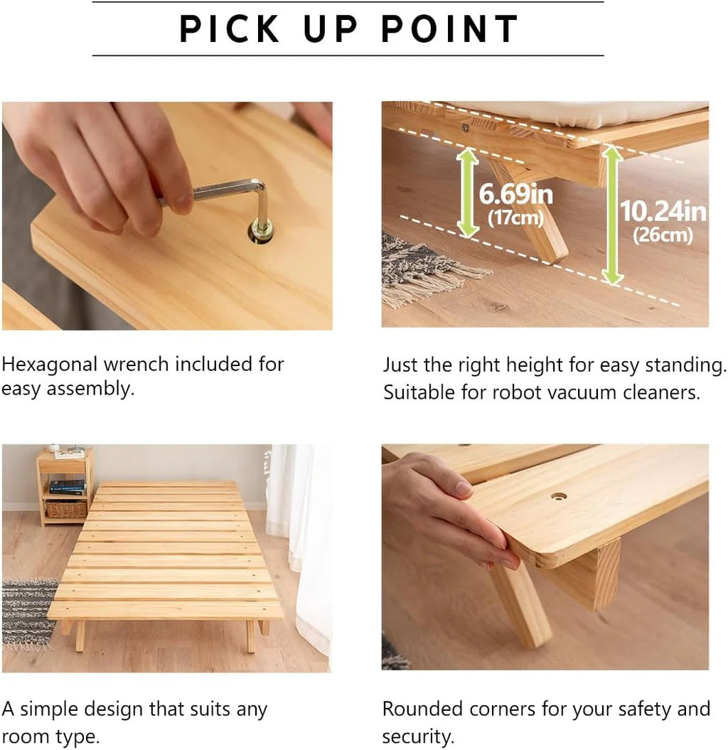Foldable Wood Slatted Floor Bed Frame OSMOS Twin Solid Pine (Earth-Natural), Easy Assembly Space Saving Storable Floor Life Tatami