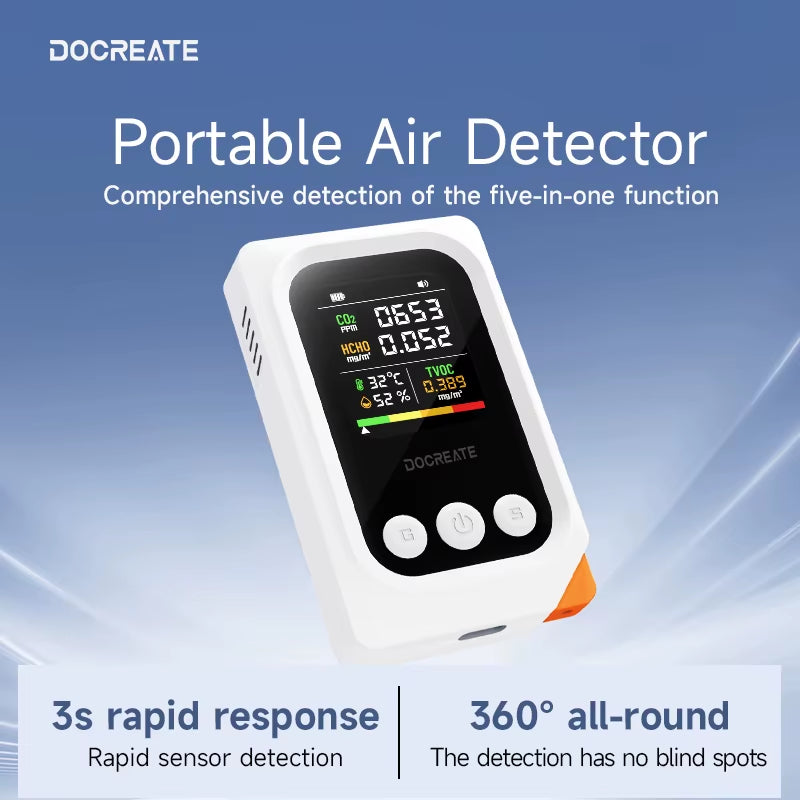 Portable Air Quality Monitor 5-In-1 CO2 HCHO TVOC Detector with Temperature Humidity Display USB Rechargeable 1000Mah