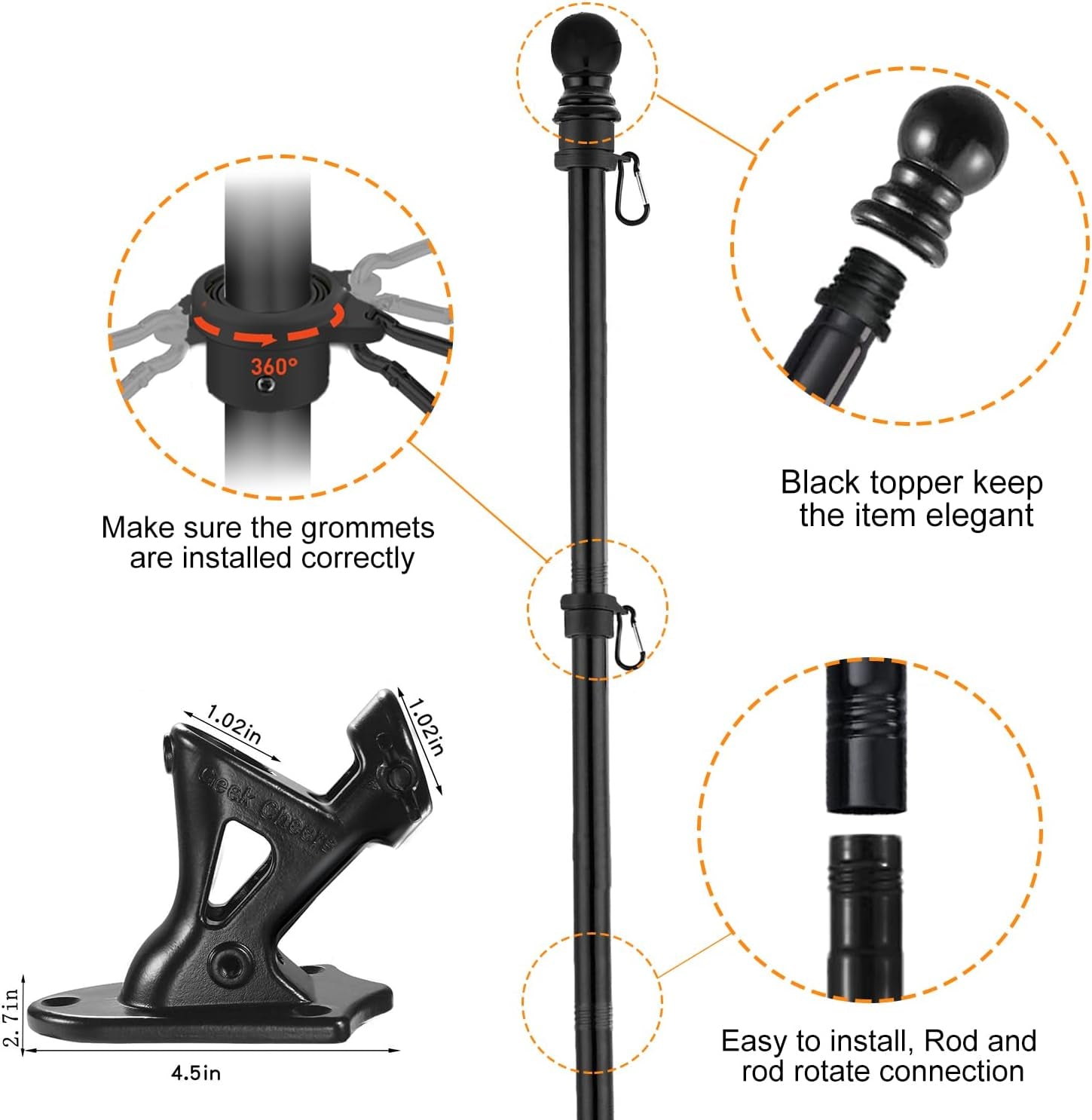 Flag Pole Mount for 1 Inch Pole, Banner Holder, Black 304 Stainless Steel Flag Pole Kit, Heavy Duty Metal Flag Holder with Screws/Wood Drill