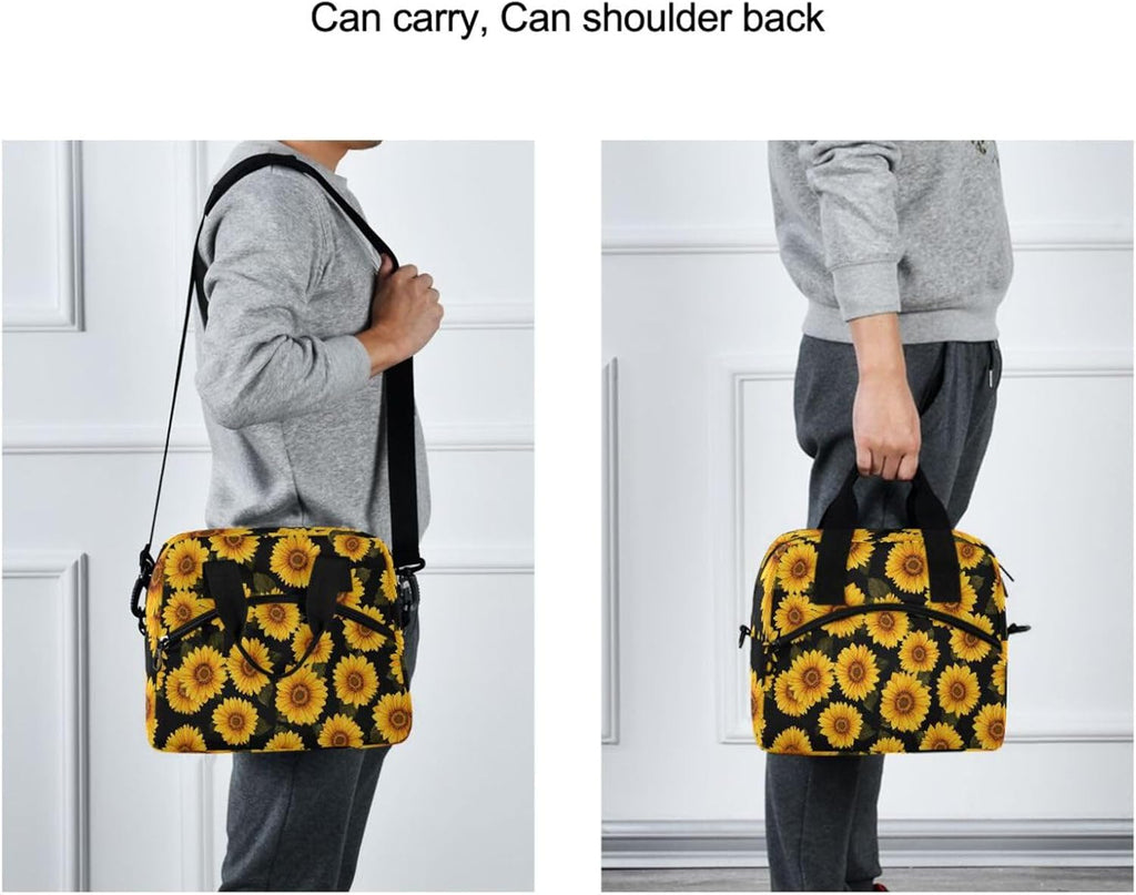 Hipster Golden Sunflower Lunch Bag for Women Yellow Flower Floral Black Lunch Tote Bag Lunch Box Water-Resistant Thermal Cooler Bag Lunch Organizer for Working Picnic Beach Sporting