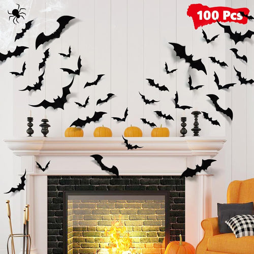 100Pcs Bats Halloween Decorations: Halloween Bats Wall Décor Bat Stickers Decals PVC 3D Wall Bat Scary Stickers Halloweens Party Decorations Indoor Outdoor DIY Home Window Door Décor