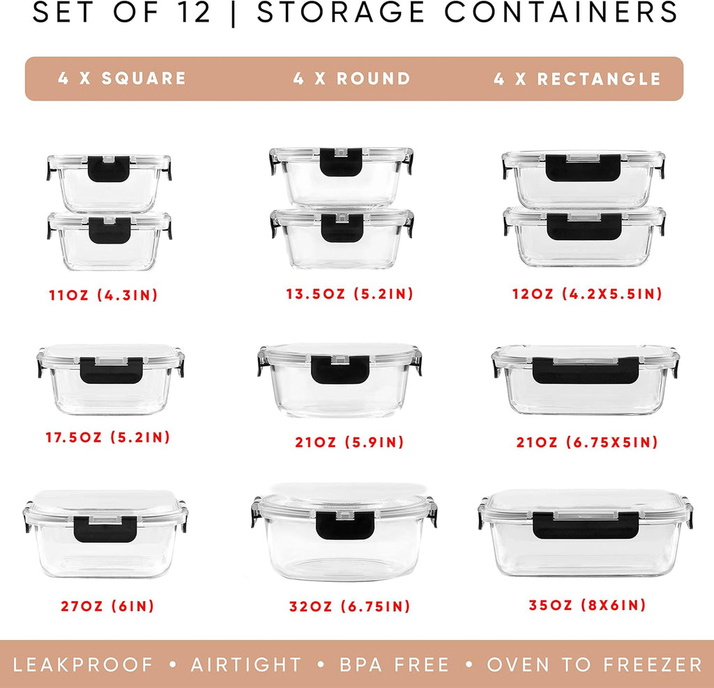 24Pc Borosilicate Glass Storage Containers with Lids | 12 Airtight/Freezer Safe Food Storage Containers for Pantry and Kitchen | Meal Prep Container for Lunch | Glass Tupperware Set