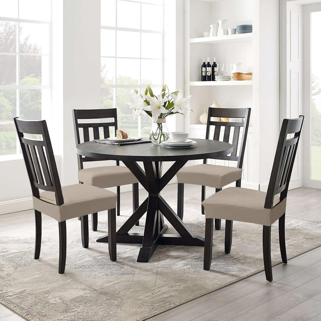 Stretch Jacquard Seat Covers for Dining Room Chairs Set of 4, Removable Washable Chair Seat Protector Slipcovers, No Rear Covers, Taupe