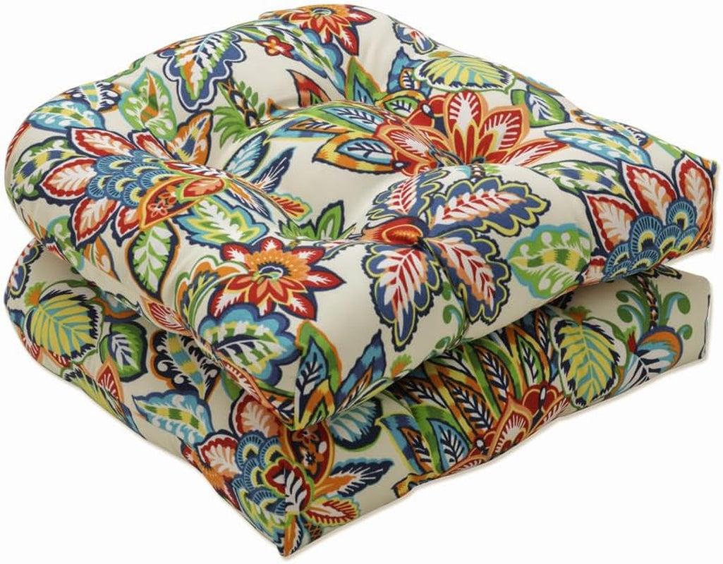 Bright Floral Indoor/Outdoor Chair Seat Cushion Tufted, Weather, and Fade Resistant, 19" X 19", Blue/Green Copeland 2 Count