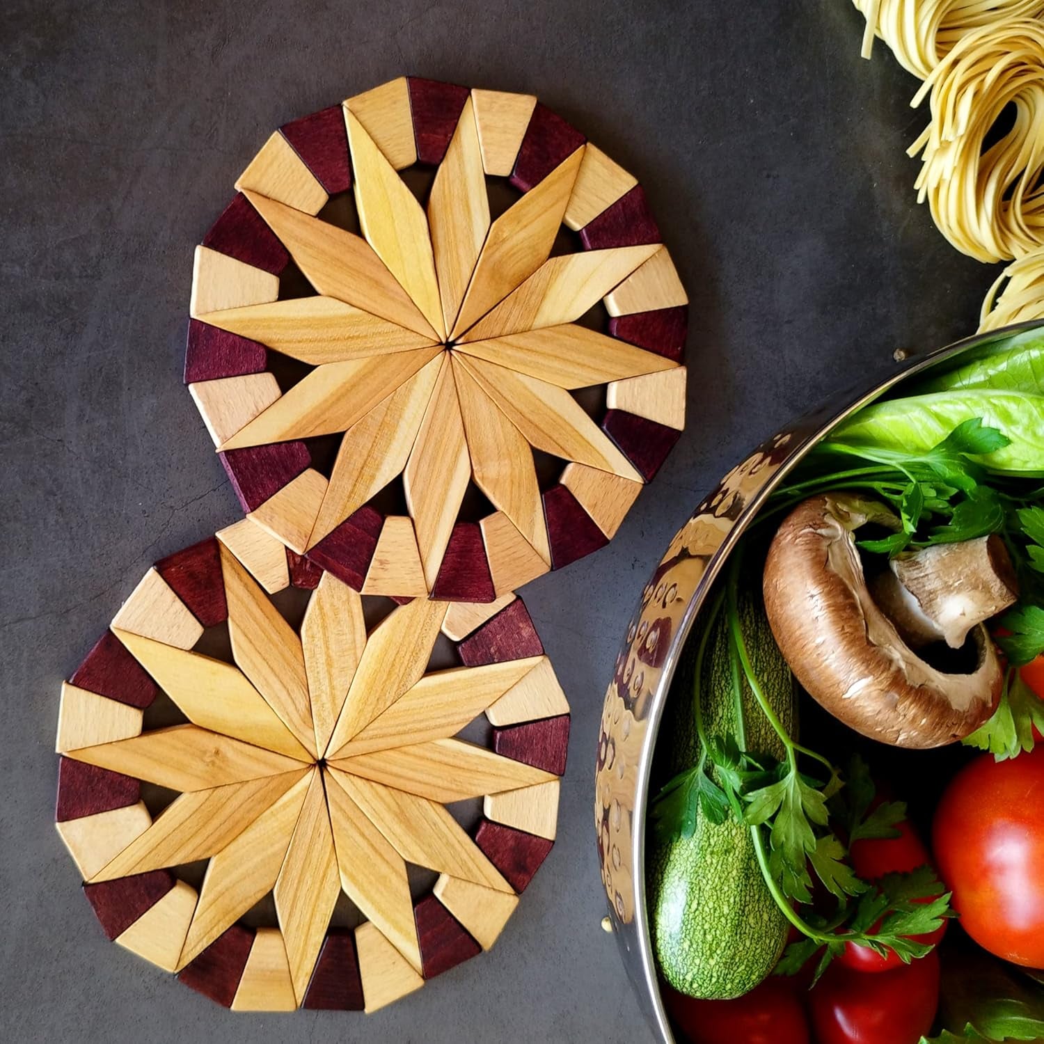 Natural Wood Trivets for Hot Dishes, Table and Kitchen Counter Set of 2 – Made in Ukraine Sturdy and Durable 7-Inch Wooden Kitchen Hot Pads. Festive Design Table Décor – Kitchen Gift Idea
