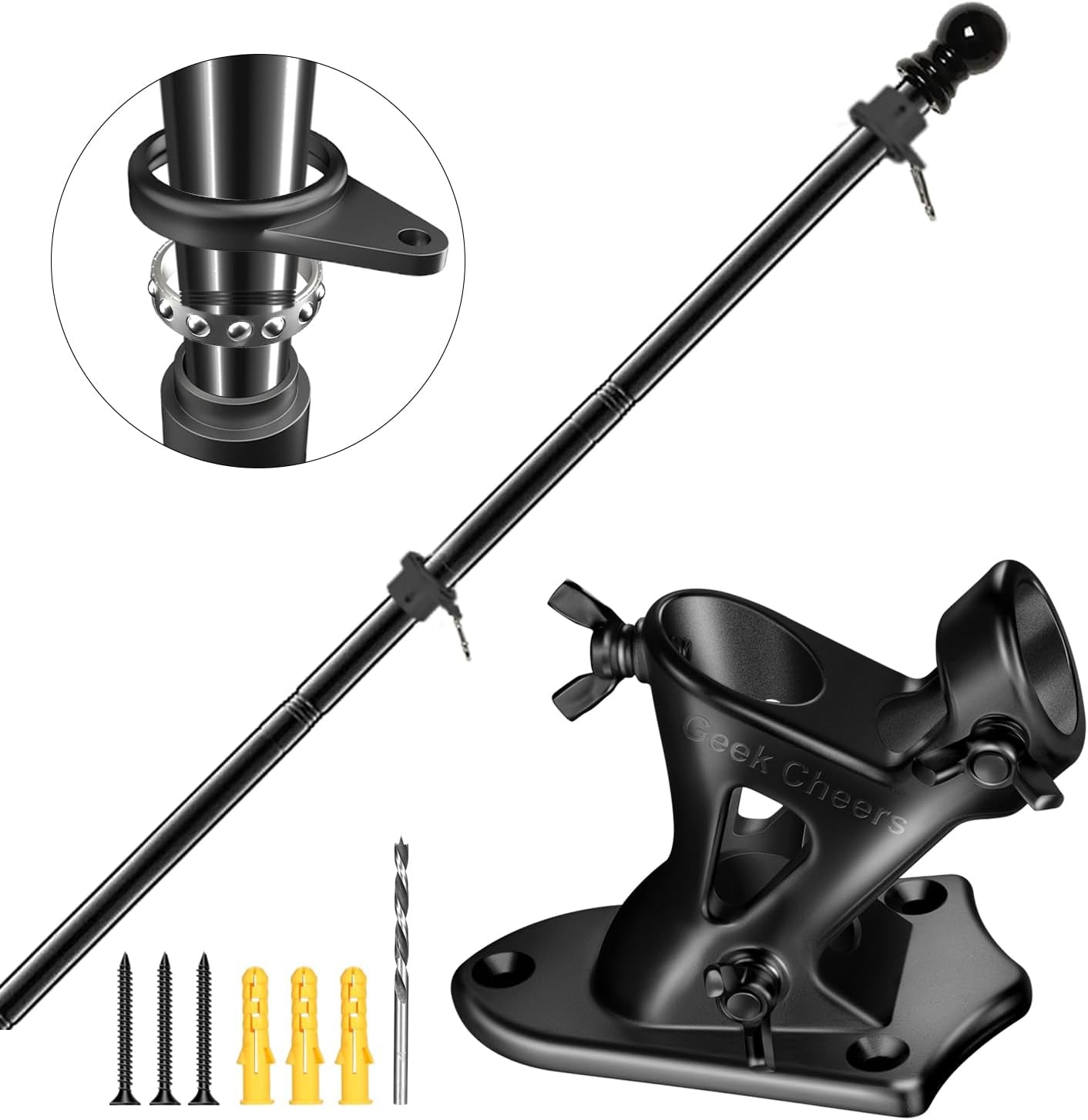 Flag Pole Mount for 1 Inch Pole, Banner Holder, Black 304 Stainless Steel Flag Pole Kit, Heavy Duty Metal Flag Holder with Screws/Wood Drill