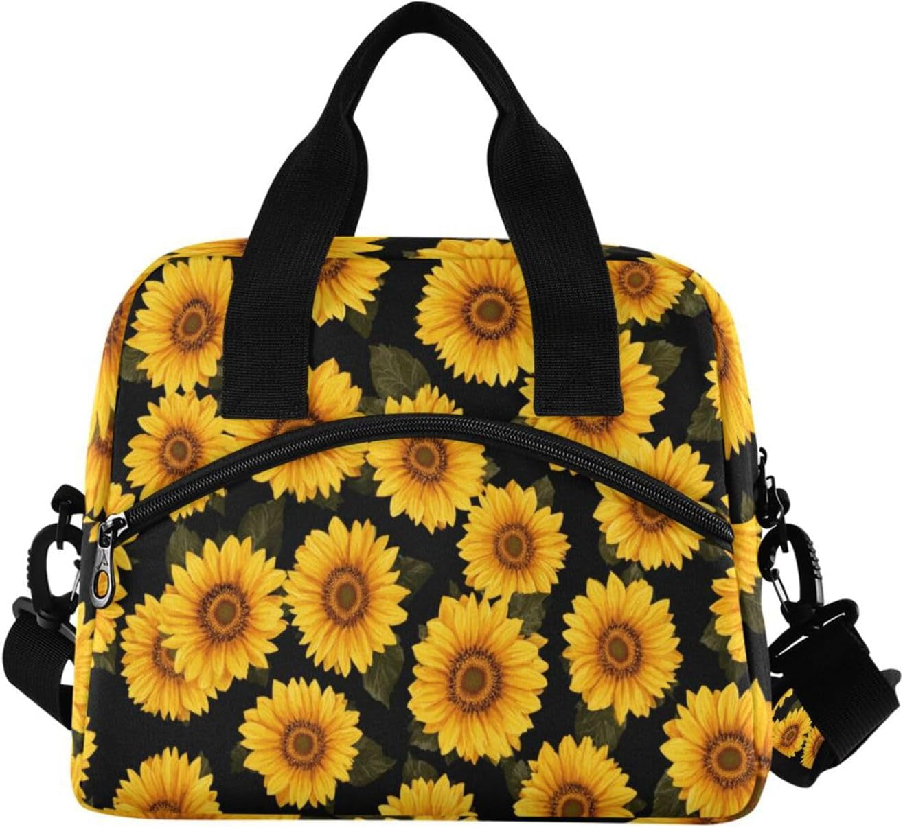 Hipster Golden Sunflower Lunch Bag for Women Yellow Flower Floral Black Lunch Tote Bag Lunch Box Water-Resistant Thermal Cooler Bag Lunch Organizer for Working Picnic Beach Sporting