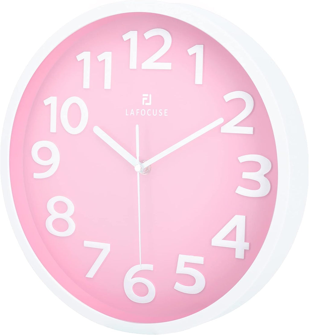 12 Inch Silent 3D Numbers Pink Wall Clock for Living Room Decor, Battery Operated Pink Clocks for Girls Room Bedroom Kitchen