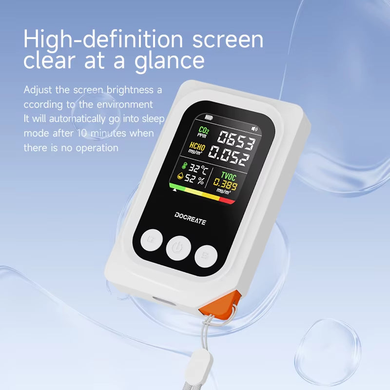 Portable Air Quality Monitor 5-In-1 CO2 HCHO TVOC Detector with Temperature Humidity Display USB Rechargeable 1000Mah