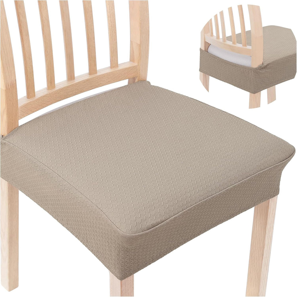 Stretch Jacquard Seat Covers for Dining Room Chairs Set of 4, Removable Washable Chair Seat Protector Slipcovers, No Rear Covers, Taupe