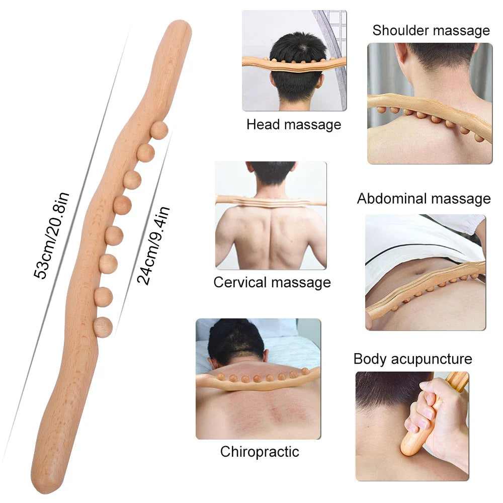 1Pc Guasha Wood Massage Stick Tools Wooden Therapy Scraping Lymphatic Drainage Massager, Double Row 20 Beads Point Treatment Gua Sha Tools, Stomach Cellulite Massager, Myofascial Release Tool