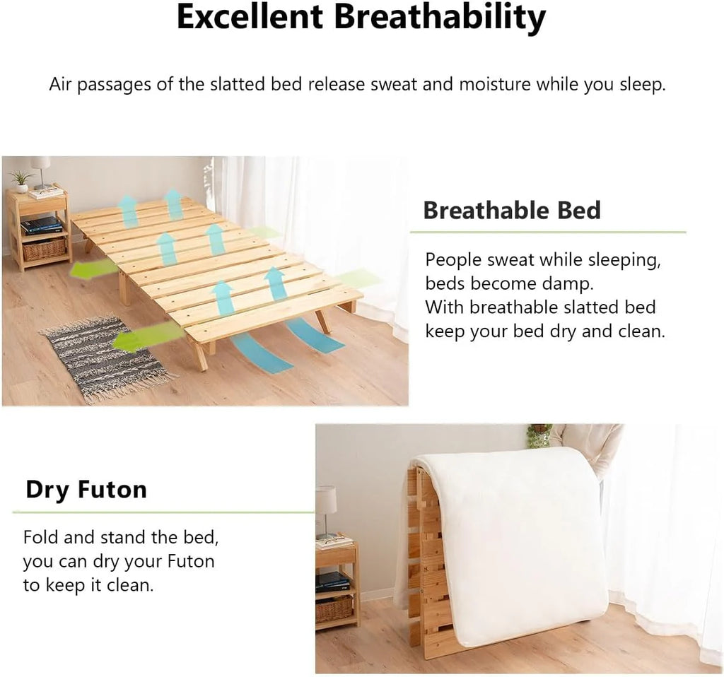 Foldable Wood Slatted Floor Bed Frame OSMOS Twin Solid Pine (Earth-Natural), Easy Assembly Space Saving Storable Floor Life Tatami