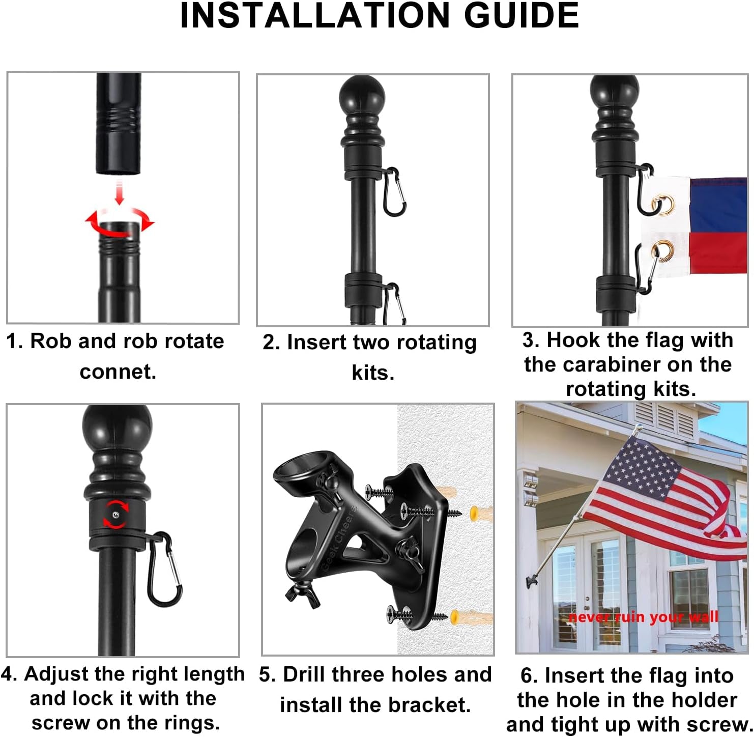Flag Pole Mount for 1 Inch Pole, Banner Holder, Black 304 Stainless Steel Flag Pole Kit, Heavy Duty Metal Flag Holder with Screws/Wood Drill