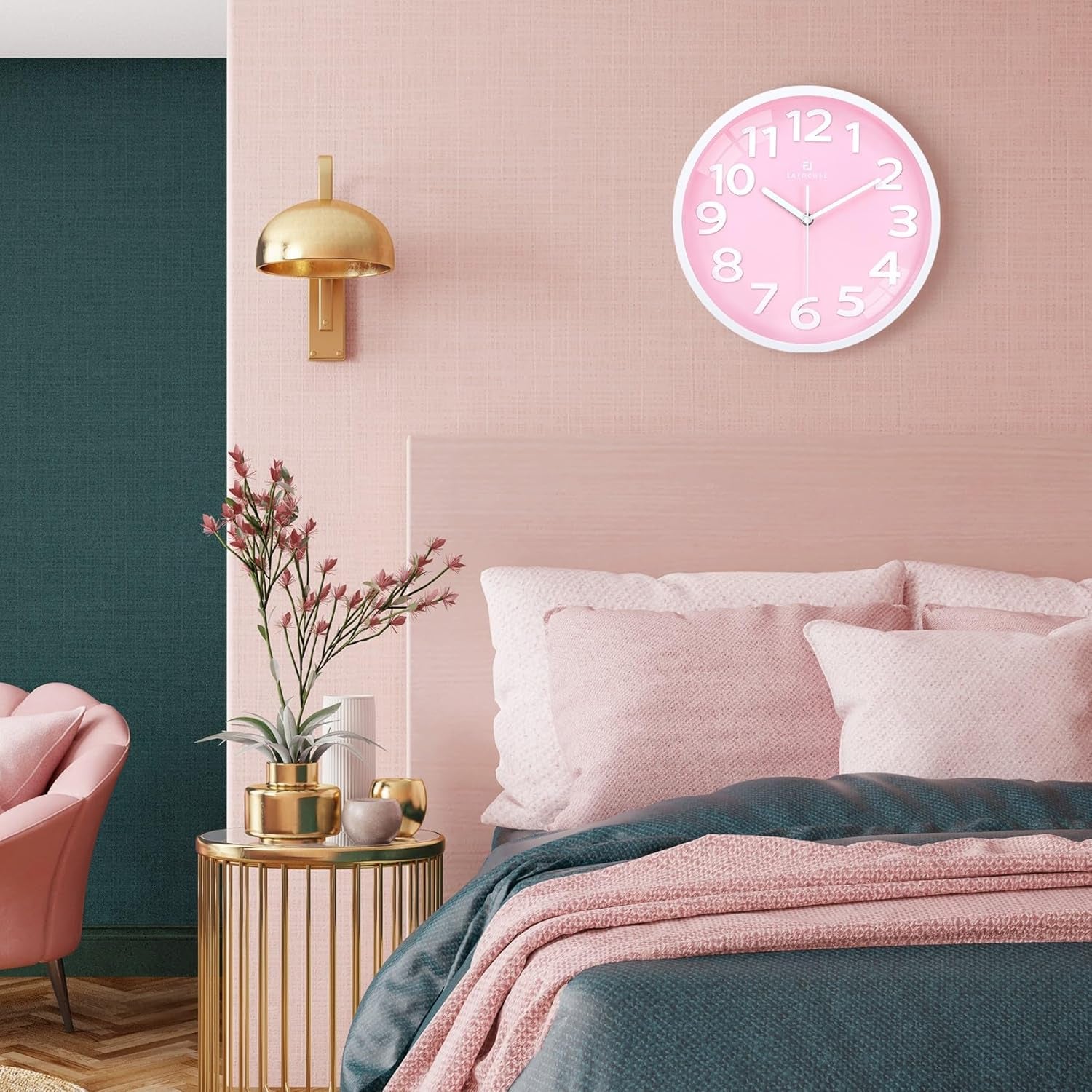 12 Inch Silent 3D Numbers Pink Wall Clock for Living Room Decor, Battery Operated Pink Clocks for Girls Room Bedroom Kitchen